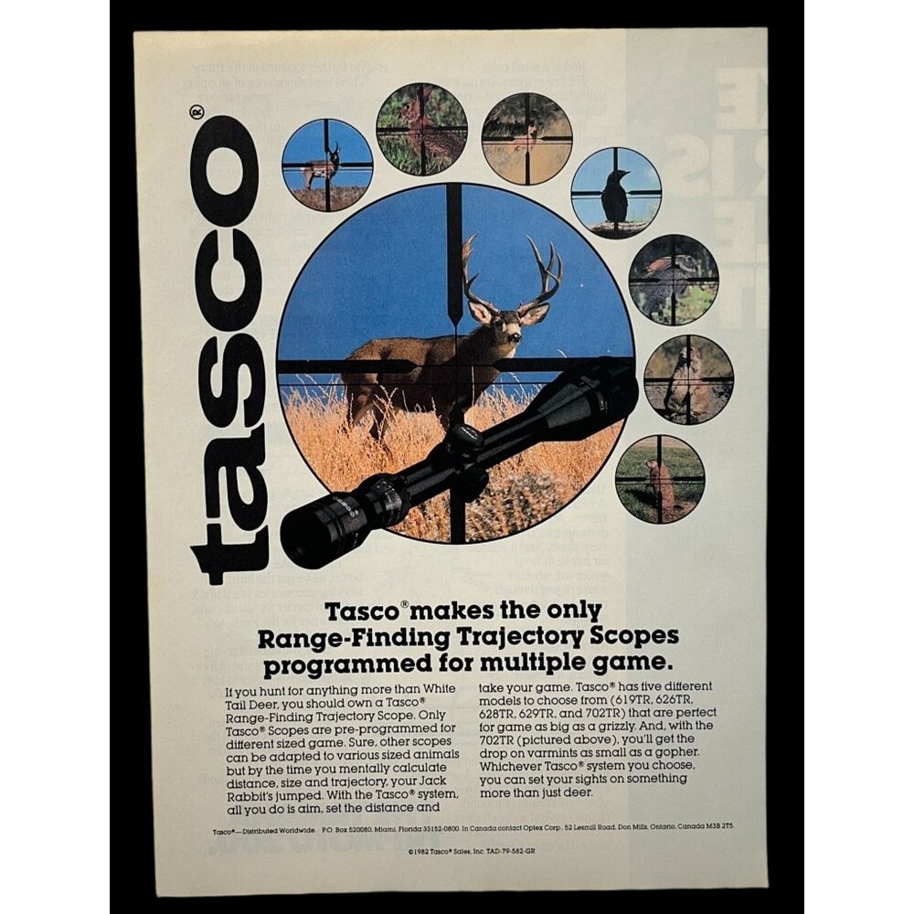Tasco Trajectory Scopes Print Ad Vintage 1982 Range Finding Hunting